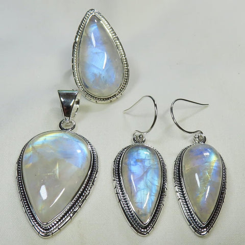 Rainbow Moonstone Sterling Silver Jewelry Set Pendant Earrings Ring