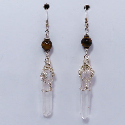 Quartz Crystal Points with Tiger Eye Beads Earrings Jewelry