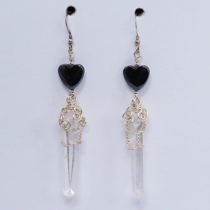 Quartz Crystal Points with Hematite Heart Beads Earrings Jewelry
