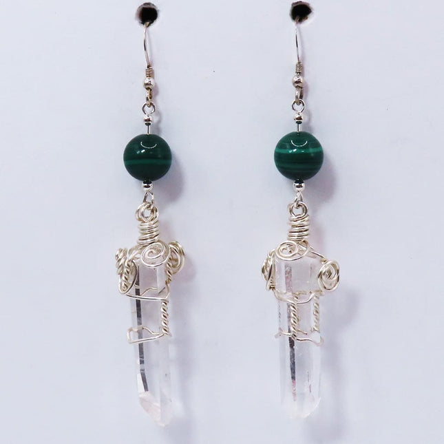 Quartz Crystal Points with Malachite Beads Earrings Jewelry