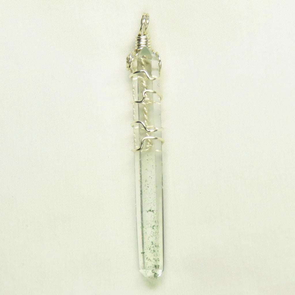 Polished Chlorite Included Quartz Crystal DT Wire Wrapped Pendant