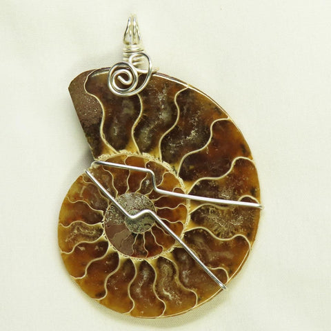 Polished Ammonite Fossil Half Wire Wrapped Pendant Jewelry