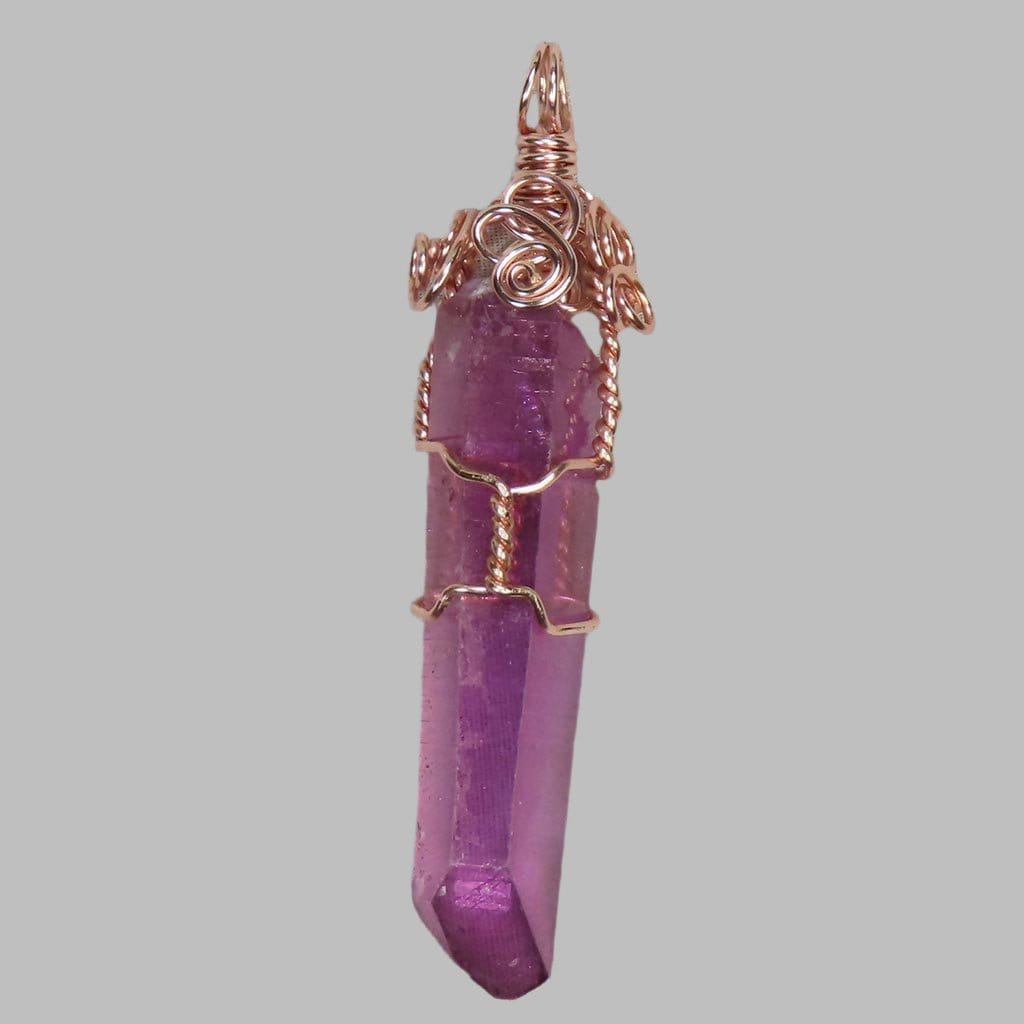 Purple Mist Aura Quartz Crystal Point Wire Wrapped Pendant Jewelry