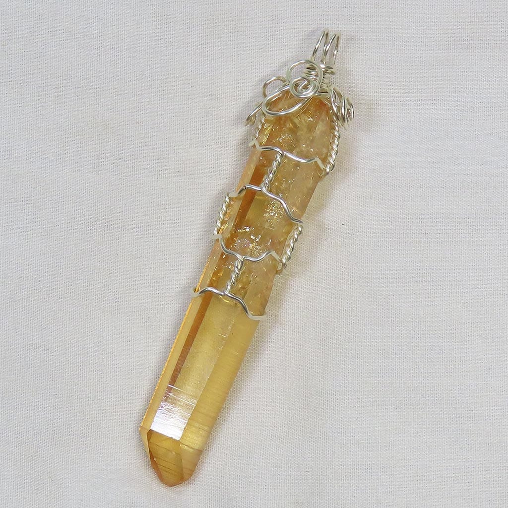 Sunrise Aura Quartz Crystal Wire Wrapped Pendant Jewelry