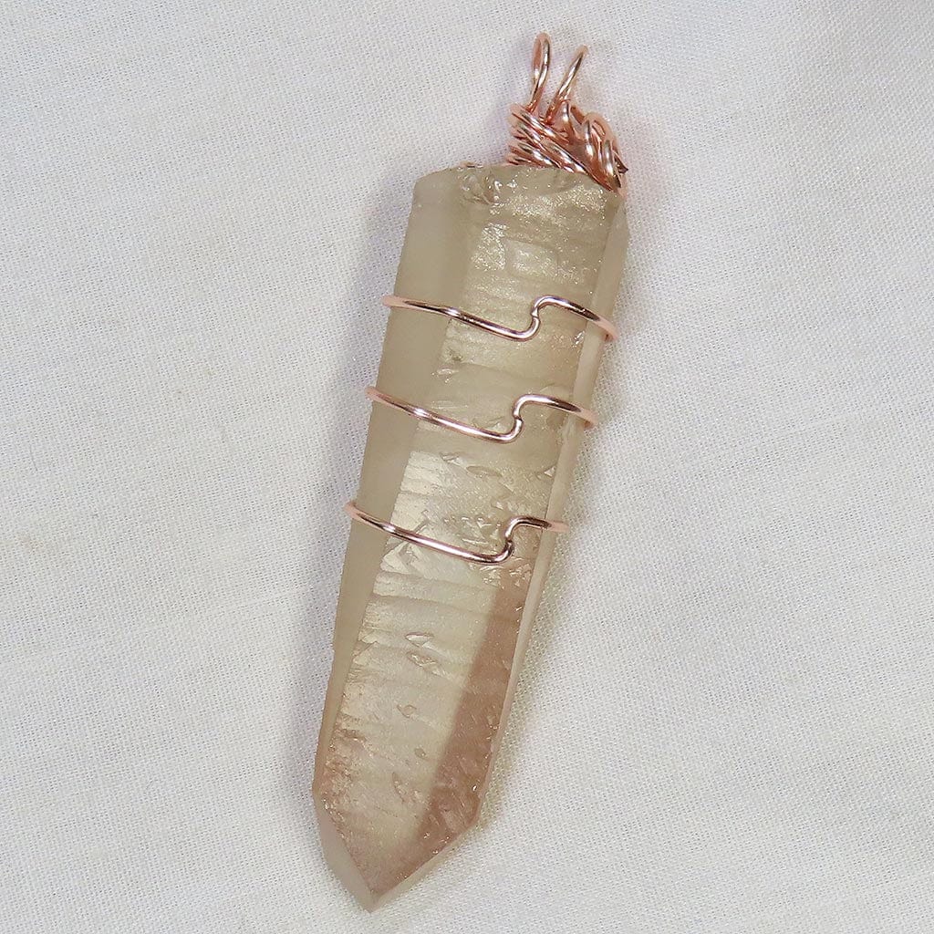 Pink Lemurian Tabby Quartz Crystal w/ Phantom Wire Wrapped Pendant