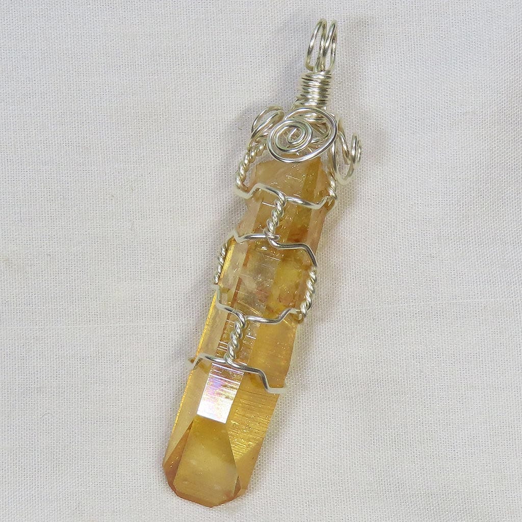 Sunrise Aura Grounding Quartz Crystal Wire Wrapped Pendant Jewelry