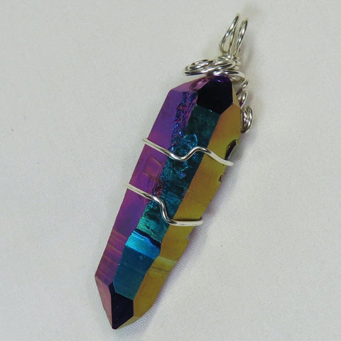 Rainbow Aura or Flame Aura Quartz Crystal Wire Wrapped Pendant Jewelry