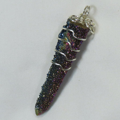 Rainbow Aura Drusy Fairy Quartz Crystal Wire Wrapped Pendant Jewelry