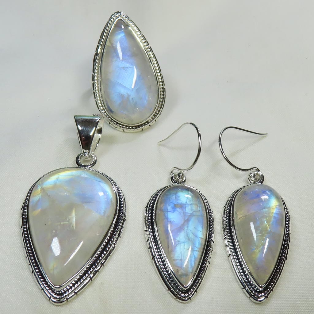 Rainbow Moonstone Sterling Silver Jewelry Set Pendant Earrings Ring