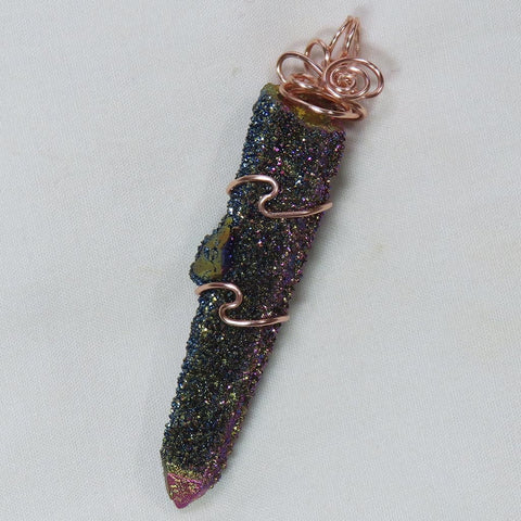 Rainbow or Flame Aura Drusy Fairy Quartz Wire Wrapped Pendant Jewelry