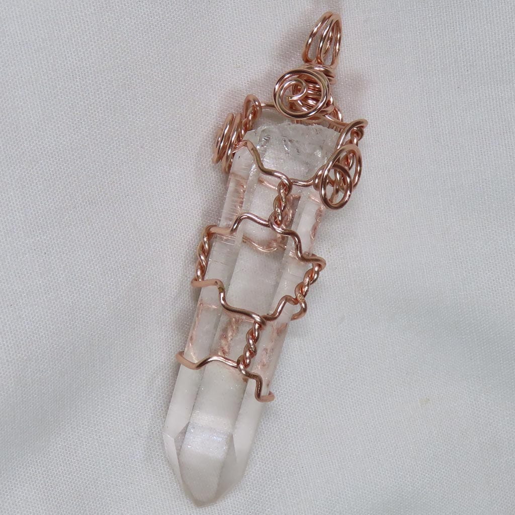 Quartz Crystal Point Rose Gold Colored Wire Wrapped Pendant Jewelry