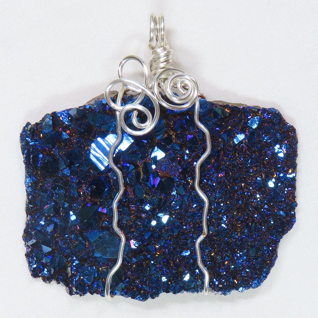 Cobalt Aura Drusy Cluster Silver Plated Wire Wrapped Pendant Jewelry