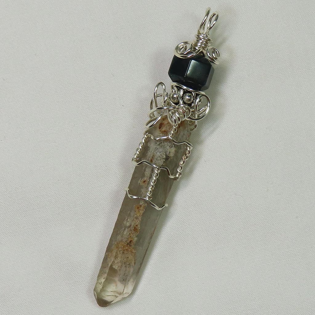 Chlorite Sand Included Quartz Crystal Bloodstone Wire Wrapped Pendant