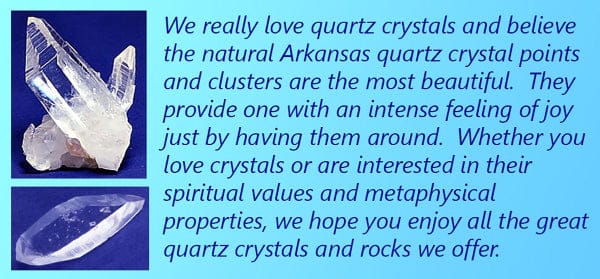 Advertisement for Arkansas quartz crystals with crystal images and text on a blue background
