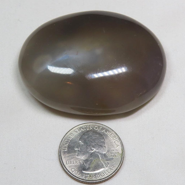 Polished Banded Agate Palm Stone from Madagascar next to a U.S. quarter dollar coin for scale on a white background