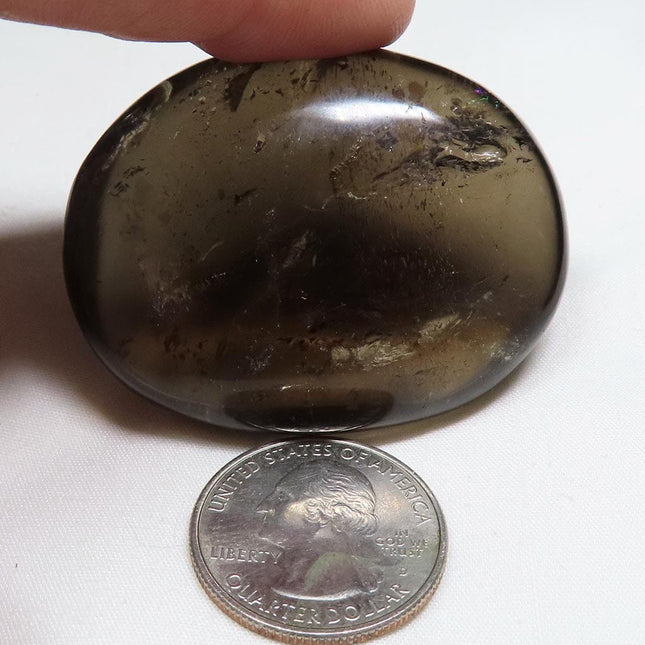 Polished Smoky Quartz Palm Stone from Brazil with Rainbow next to a U.S. quarter dollar on a white background