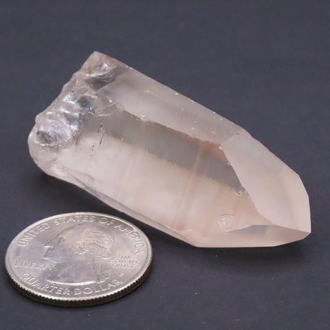 Pink Lemurian Seed Quartz Crystal Point from Brazil next to a U.S. quarter for scale on a dark background