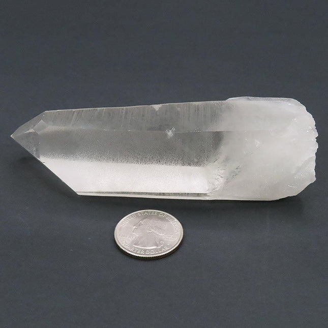 Clear Lemurian Seed Quartz Crystal Point with Window from Brazil next to a quarter on a dark background