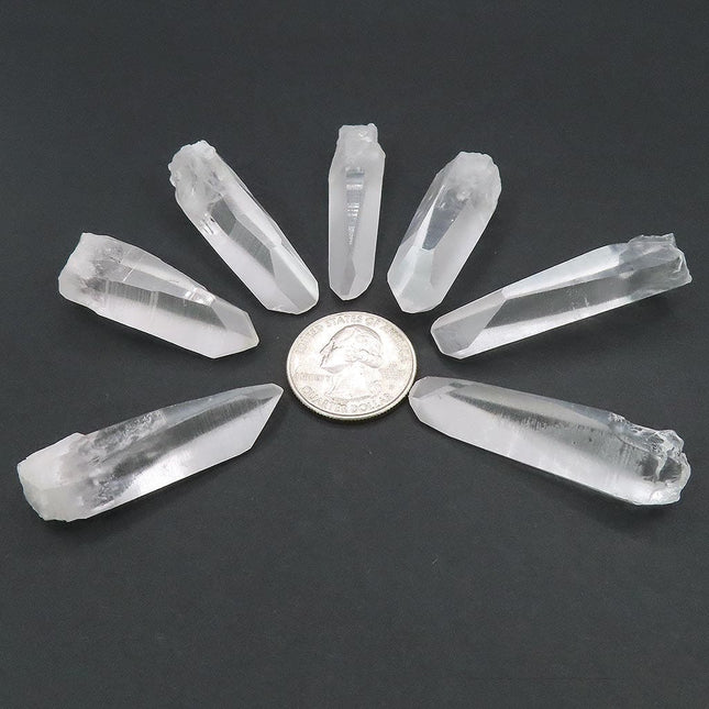 7 Clear Lemurian Star Seed Quartz Crystal Points from Brazil with a quarter for scale on a dark background