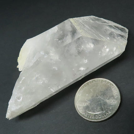 Arkansas Metaphysical Delight Quartz Crystal Point next to a US quarter for scale on a dark surface