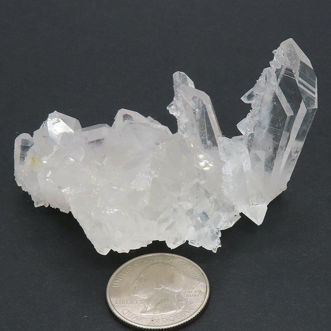 Arkansas Quartz Crystal Burr Cluster with Time-Link Activation and a quarter for scale on a dark background