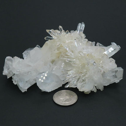 Arkansas Quartz Crystal Cluster w/ Window & Time-Link Activations and a US quarter for scale on a black background