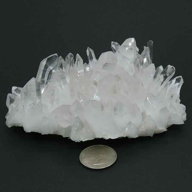 Arkansas Quartz Crystal Cluster with Time-Link Activations and a quarter for scale on a black background