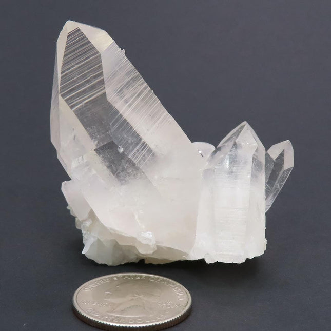 Arkansas Quartz Crystal Cluster with a Time-Link Activation and a quarter for scale on a dark background