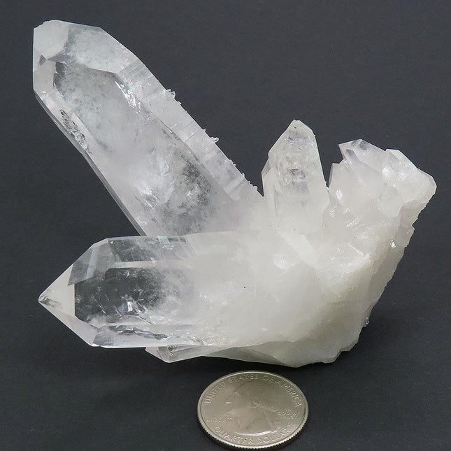 Arkansas Quartz Crystal Cluster with a Generator Termination and a US quarter for scale on a dark background