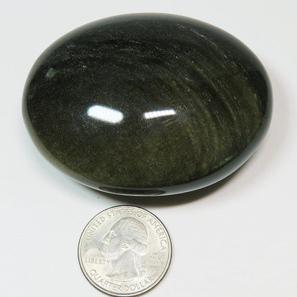 Polished Gold Sheen Obsidian Palm Stone from Mexico next to a quarter for scale on a white background