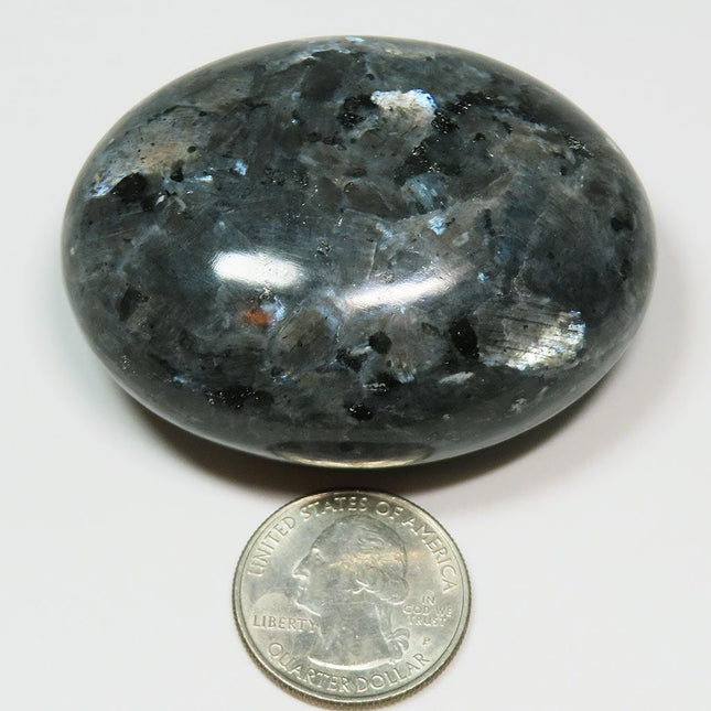Polished Larvikite Palm Stone from Norway next to a U.S. quarter dollar for scale on a white background
