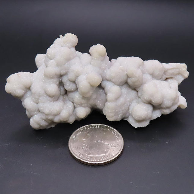 Sparkling Silver Grey Botryoidal Drusy Quartz Specimen from Missouri next to a U.S. quarter on a dark background