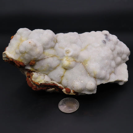 Sparkling White Botryoidal Drusy Quartz with Barite from Missouri with a quarter for scale on a black background