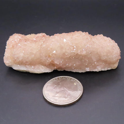 Sparkling Pink Botryoidal Drusy Quartz Specimen from Missouri next to a quarter coin on a black background