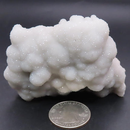 Sparkling Silver Grey Botryoidal Drusy Quartz Specimen from Missouri with a quarter for scale on a dark background