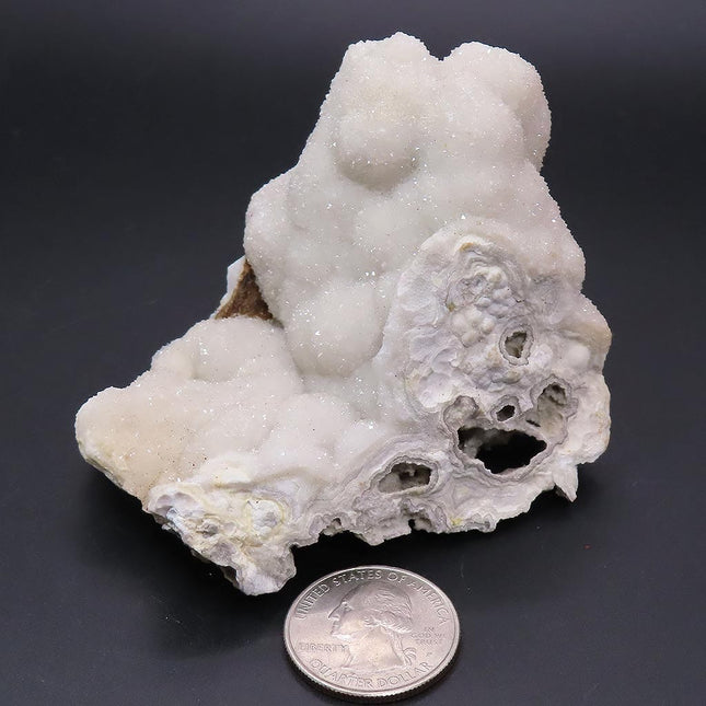 Sparkling White Botryoidal Drusy Quartz Specimen from Missouri with a quarter for scale on a dark background