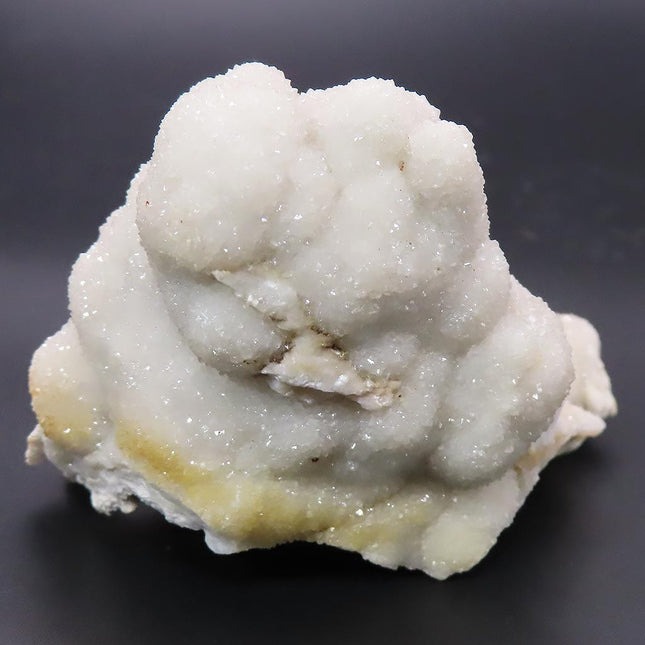 Sparkling White Botryoidal Drusy Quartz Specimen from Missouri with a quarter for scale on a dark background
