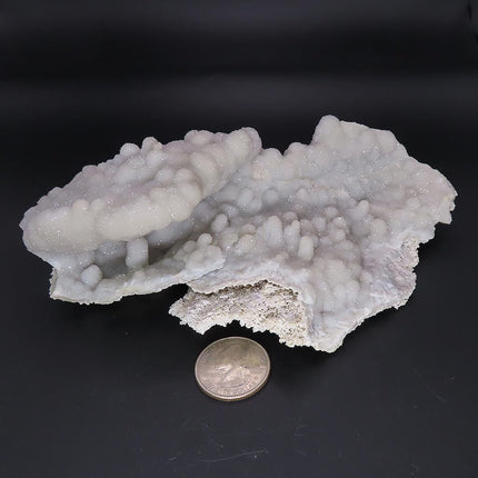 Sparkling Silver Grey Botryoidal Drusy Quartz Specimen from Missouri on a dark background with a quarter for scale on a black background