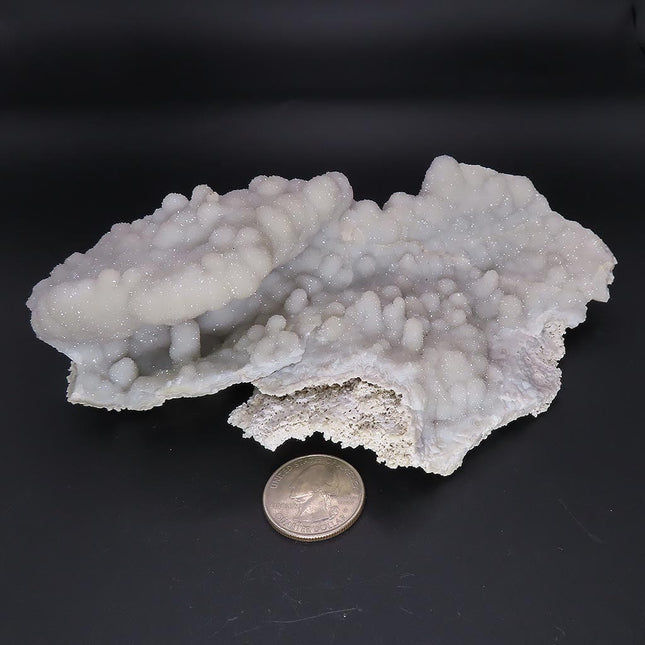 Sparkling Silver Grey Botryoidal Drusy Quartz Specimen from Missouri on a dark background with a quarter for scale on a black background