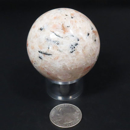Polished Sunstone Sphere Ball from India with a quarter for scale on a black background