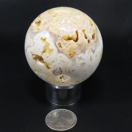 Polished Crazy Lace Agate Sphere Ball from Mexico with a quarter for scale on a black background