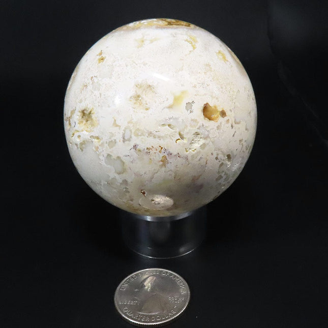 Polished Crazy Lace Agate Sphere Ball from Mexico with a quarter for scale on a black background