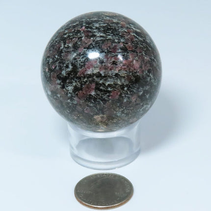 Polished Plumb Agate Sphere Ball from Indonesia with a quarter for scale on a white background