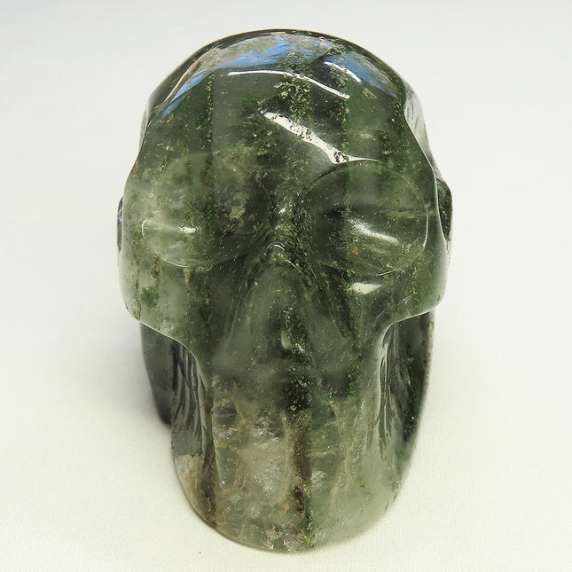 Carved Green Chlorite Included Quartz Crystal Skull from Brazil