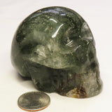 Carved Green Chlorite Included Quartz Crystal Skull from Brazil