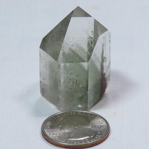 Polished Quartz Crystal Point from Brazil with Chlorite Phantoms 