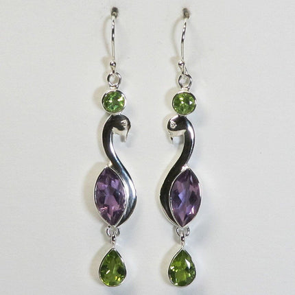 Amethyst & Peridot Swan Sterling Silver Earrings Jewelry
