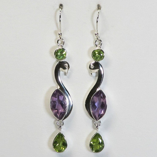 Amethyst & Peridot Swan Sterling Silver Earrings Jewelry