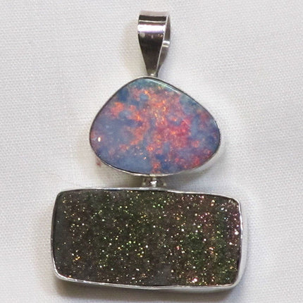 Drusy Pyrite & Fire Opal Sterling Silver Pendant Jewelry