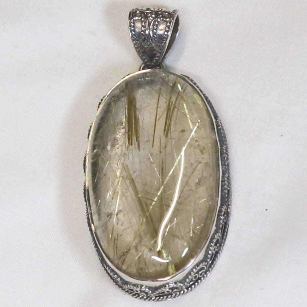 Gold Rutile in Smoky Quartz Crystal Sterling Silver Pendant Jewelry